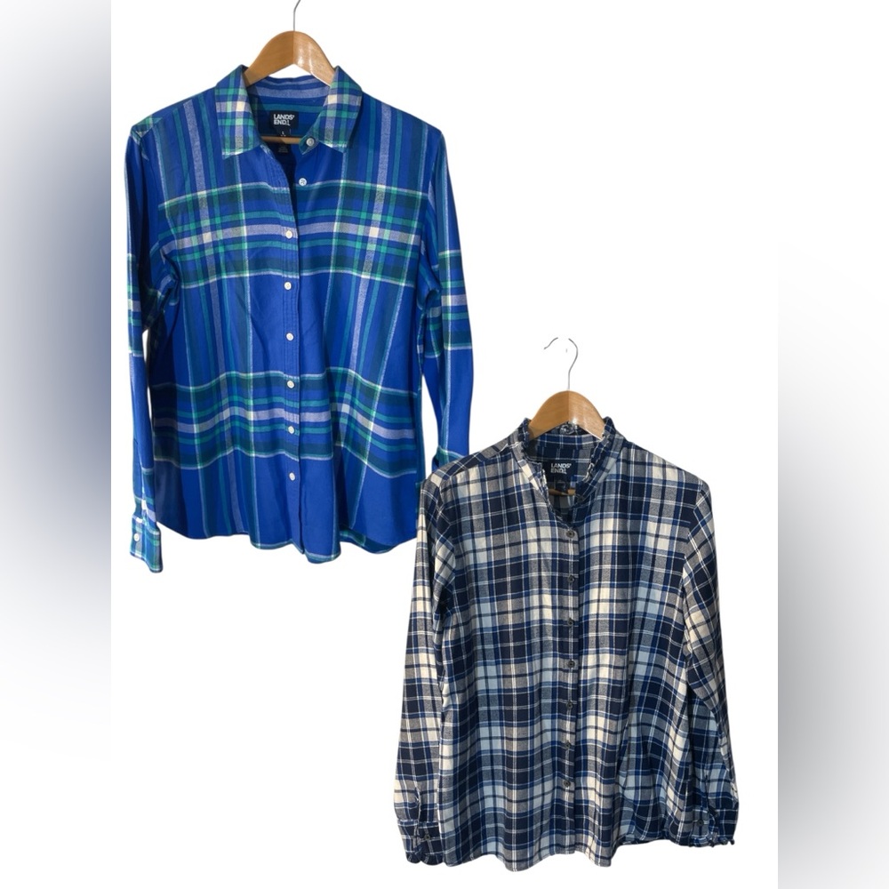 A6- Lands End Set of 2 Plaid Button-Up Shirts Large (14/16) flannel feel